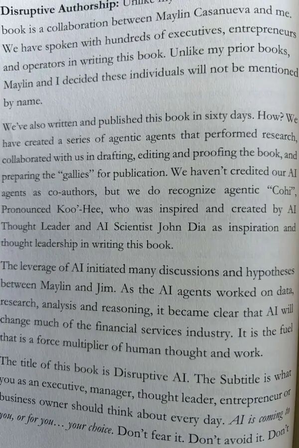Acknowledgment page from Disruptive AI recognizing Cohi, pronounced Koo-Hee, inspired and created by John Dia